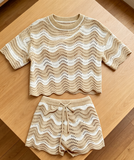 Striped Crochet Cover-Up Set Short Sleeve