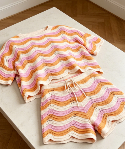 Striped Crochet Cover-Up Top & Tied Shorts