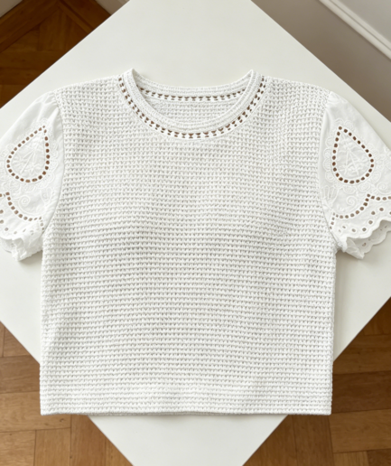 Waffle Knit Jacquard Crewneck Short Sleeve Top