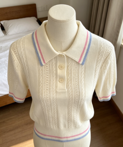 Cable Knit Contrast Trim Polo Pullover