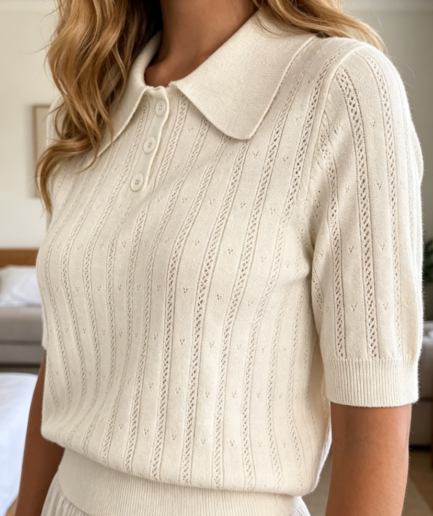 Eyelet Ribbed Preppy Polo Sweater Top