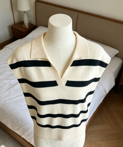 Striped Lapel Collared Cap Sleeve Vest