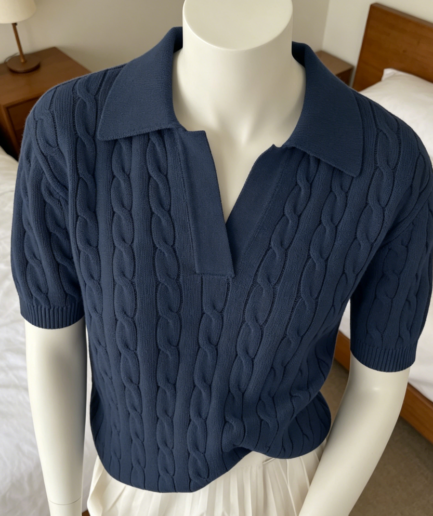 Cable Knit Lapel V Neck Polo Sweater Top