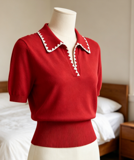 Scallop Trim Polo Neck Short Sleeve Knit Top