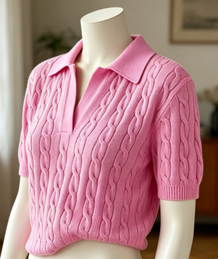 Cable Knit V Neck Collared Polo Top