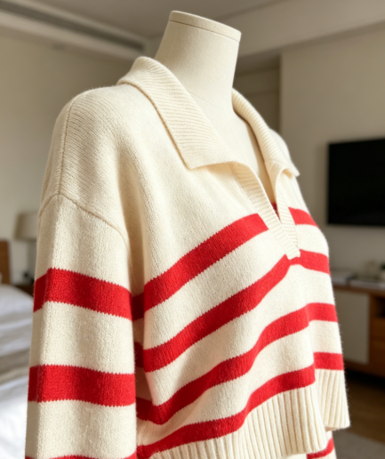 Striped Collared Long Sleeve V Neck Polo Sweater