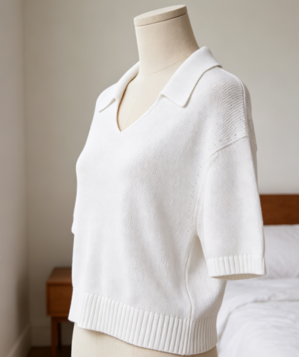 Ribbed Hem V Neck Cropped Polo Sweater