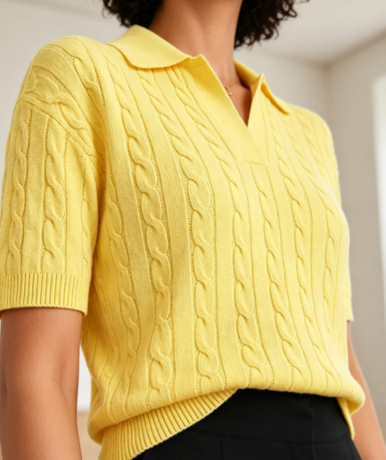 Soft V Neck Cable Knit Polo Sweater