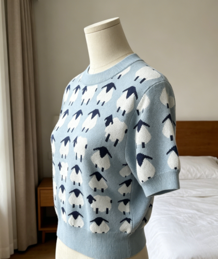 Sheep Pattern Mod Style Cropped Knit Top