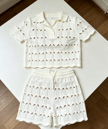 Crochet Polo Top & Drawstring Shorts Knit Set