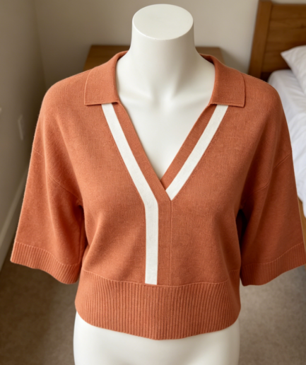 Oversized Color Block V Neck Polo Top