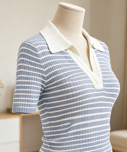 Striped Vintage Collar Slim Fit Polo Crop