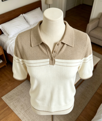 Wool Blend Color Block Cropped Polo Pullover