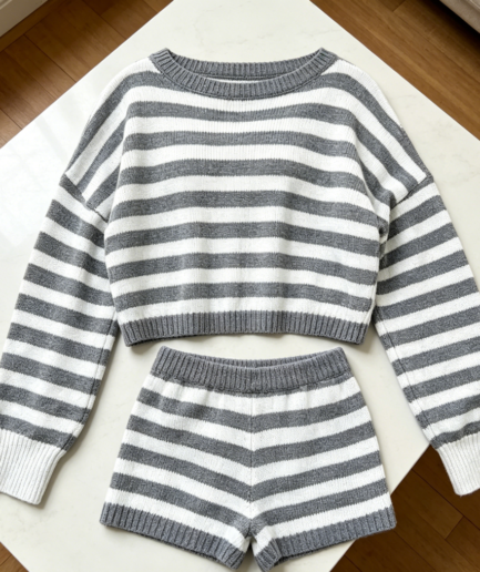 Striped Long Sleeve Knit Sweater & Shorts Set